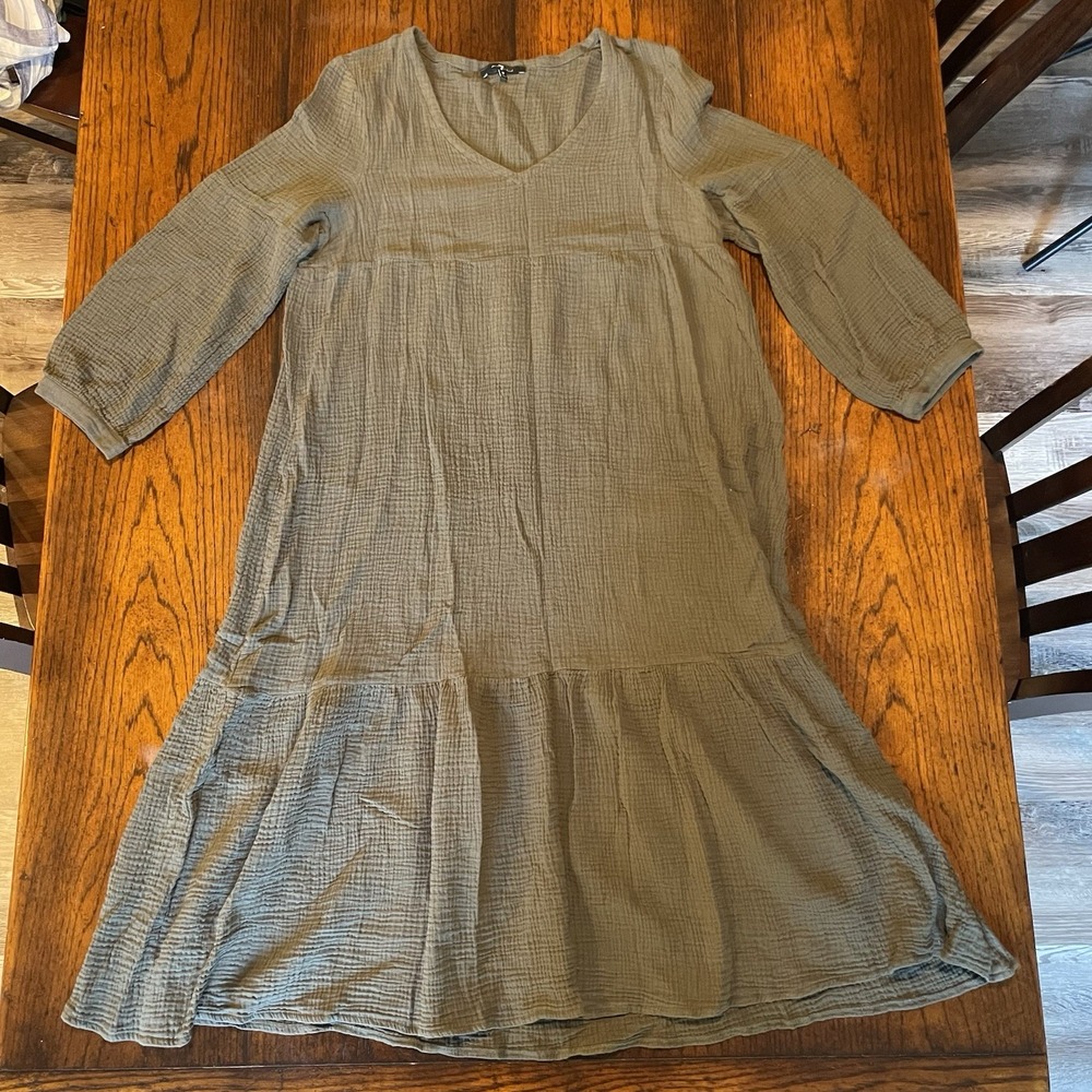 Seven For All Mankind Midi Dress Womens Medium Green Cotton Gauze Bohemian J85Y